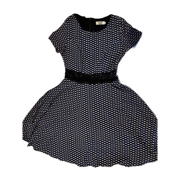 A Line Cap Sleeve dress Sz M Lace Blue Black Diamond Y2k Grunge Whimsy career - Picture 1 of 8